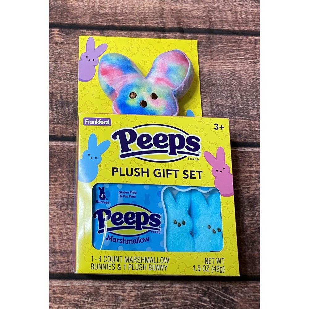 Peeps Easter Tie Dye Bunny Plush Gift Set Blue Bunny Marshmallows 1.5oz/4ct New